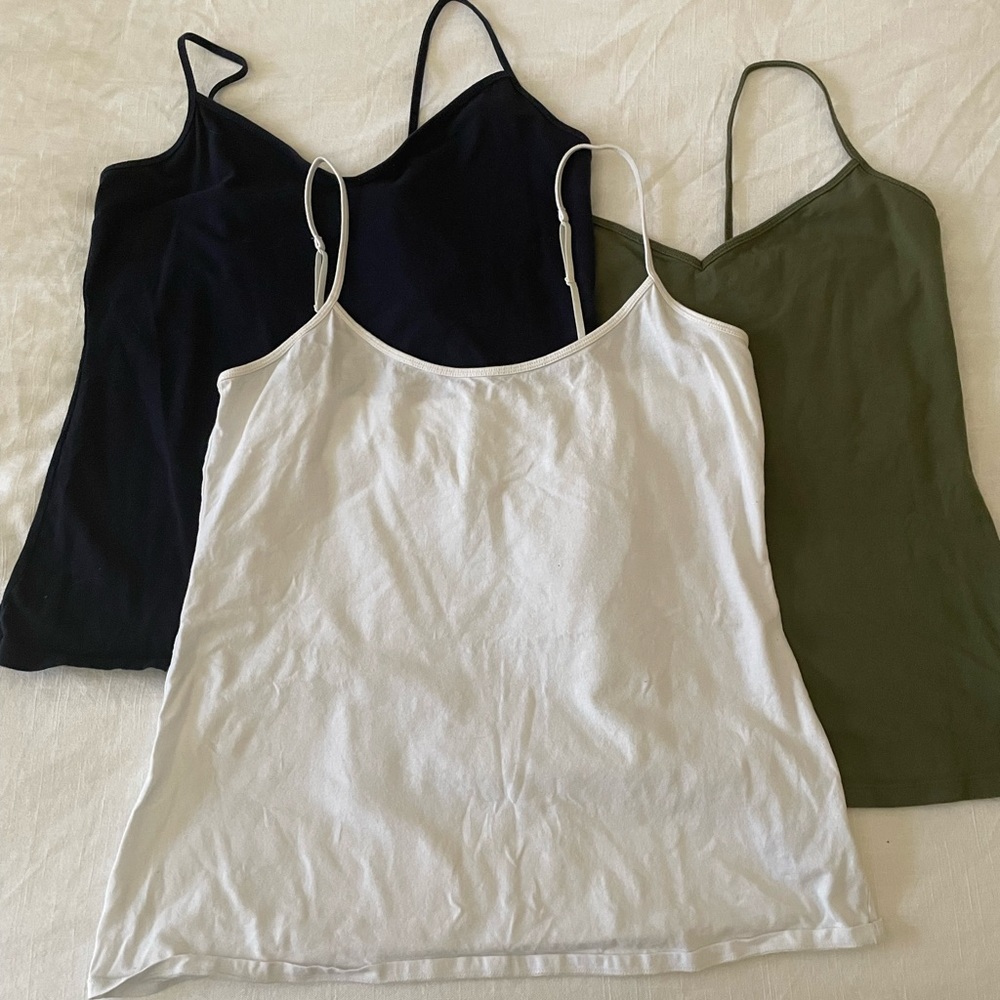 THREE XL Old Navy cami tanks. White, navy, and olive green tank tops.